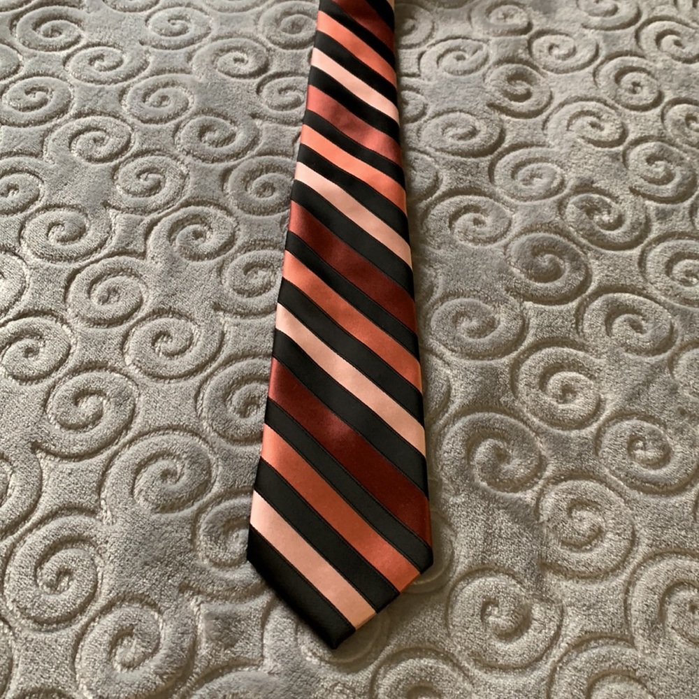 Necktie, black and shades of coral striped, 3” wide